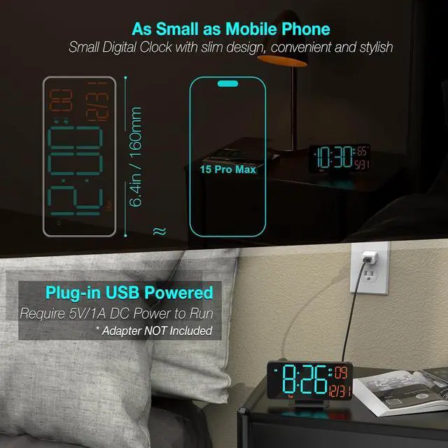 Alt view image 3 of 6 - KOSUMOSU Alarm Clocks for Bedrooms, 6.7" Black Small Digital Clock LED, Desk Alarm Clock with Auto Dimming,Seconds, Day of Week, Indoor Temperature,Clocks for Living Room