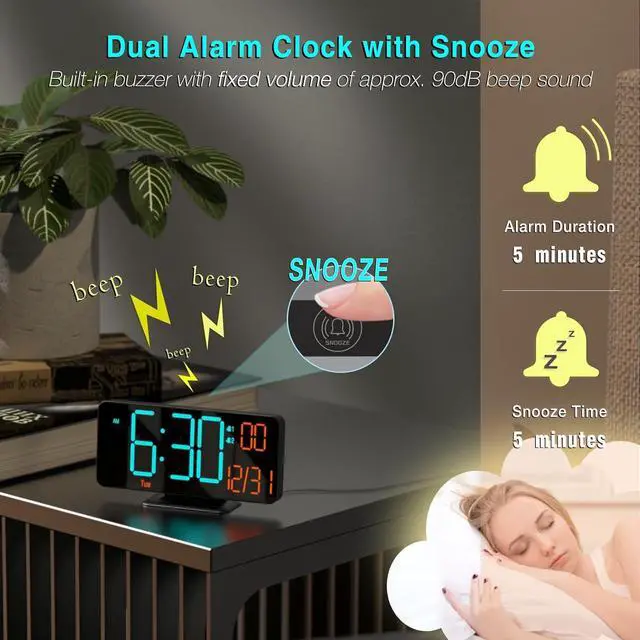 Alt view image 5 of 6 - KOSUMOSU Alarm Clocks for Bedrooms, 6.7" Black Small Digital Clock LED, Desk Alarm Clock with Auto Dimming,Seconds, Day of Week, Indoor Temperature,Clocks for Living Room