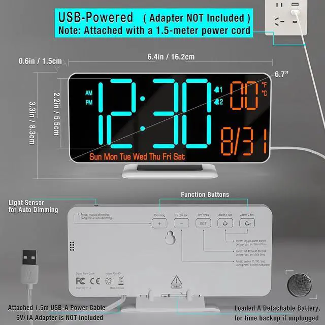 Alt view image 4 of 6 - KOSUMOSU Alarm Clocks for Bedrooms, 6.7" Black Small Digital Clock LED, Desk Alarm Clock with Auto Dimming,Seconds, Day of Week, Indoor Temperature,Clocks for Living Room