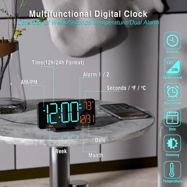 Alt view image 6 of 6 - KOSUMOSU Alarm Clocks for Bedrooms, 6.7" Black Small Digital Clock LED, Desk Alarm Clock with Auto Dimming,Seconds, Day of Week, Indoor Temperature,Clocks for Living Room