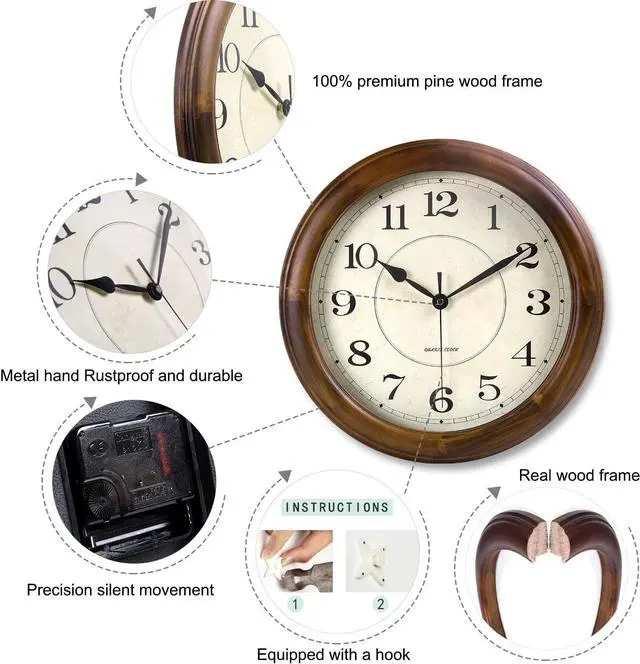 Alt view image 3 of 6 - Kesin Wall Clock Wood 14 Inch Silent Wall Clocks Large Decorative Battery Operated Non Ticking Analog Retro Clock for Living Room, Kitchen, Bedroom