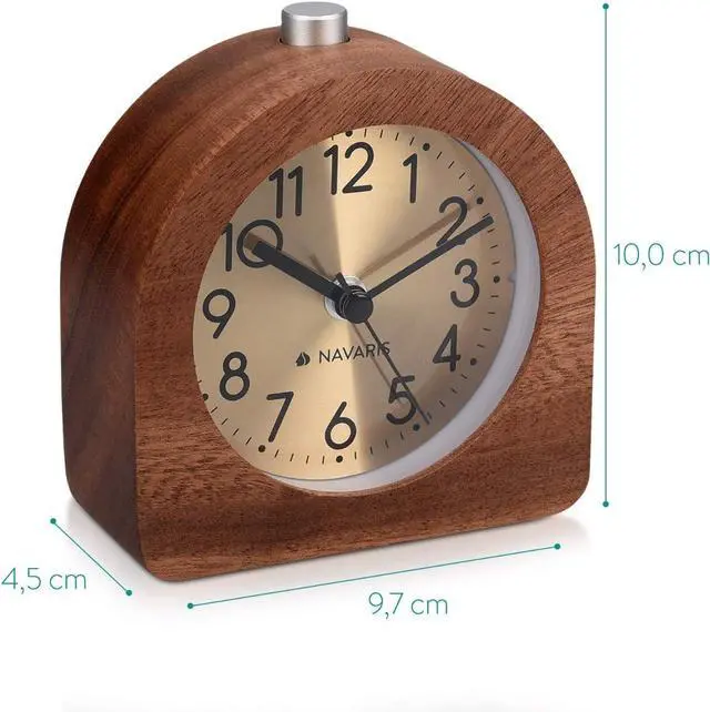 Alt view image 4 of 7 - Navaris Wood Analog Alarm Clock - Half-Round Gold Face Battery-Operated Non-Ticking Clock with Snooze Button and Light - Dark Brown