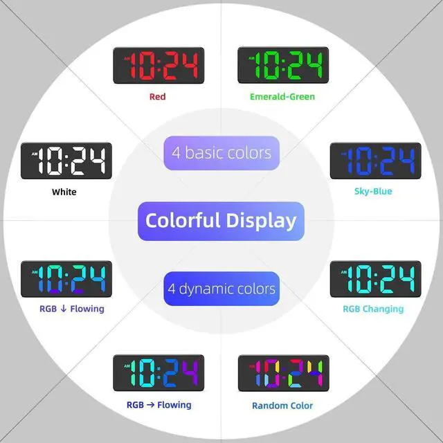 Alt view image 2 of 7 - LED Digital Wall Clock with Dynamic RGB Display, Big Digits, Auto-Brightness, 12/24Hr Format, Modern Electric Small Silent Wall Clock for Living Room, Bedroom, Classroom, Farmhouse, Kitchen, Office