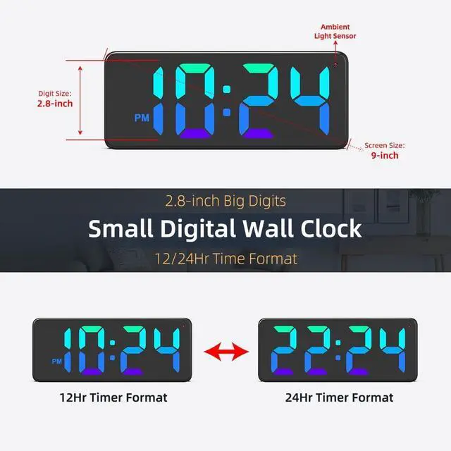 Alt view image 3 of 7 - LED Digital Wall Clock with Dynamic RGB Display, Big Digits, Auto-Brightness, 12/24Hr Format, Modern Electric Small Silent Wall Clock for Living Room, Bedroom, Classroom, Farmhouse, Kitchen, Office