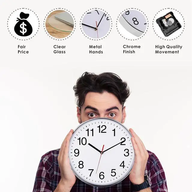 Alt view image 4 of 7 - Plumeet Extra Large Wall Clock - 16" Non Ticking Silent Quartz Black Wall Clocks - Simple Design Wall Clocks for Living Room Decor, Battery Operated, Chrome