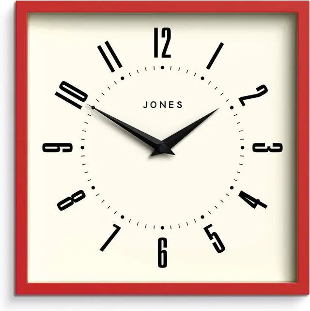Main image of JONES CLOCKS® Box Wall Clock | Retro Square | 10 inch | Red | Easy to Read Numbers | Perfect Kitchen or Office Clock