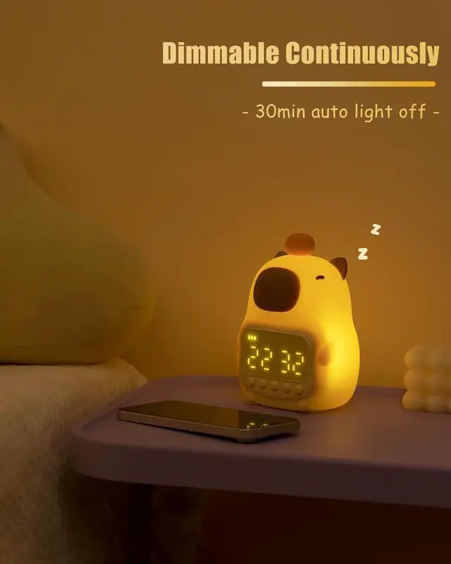 Alt view image 3 of 7 - Capybara Alarm Clock with Night Light for Kids, Cute Toddler Alarm Clocks for Bedrooms Ok to Wake Clocks for Girls and Boys, Rechargeable Silicone Animal Tabletop Lamp for Kid