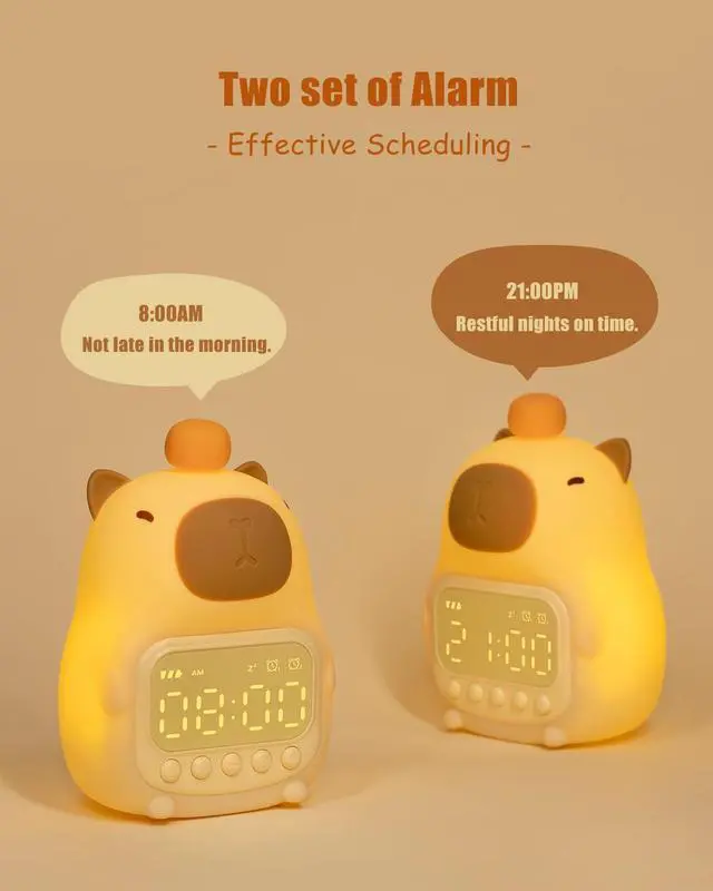 Alt view image 4 of 7 - Capybara Alarm Clock with Night Light for Kids, Cute Toddler Alarm Clocks for Bedrooms Ok to Wake Clocks for Girls and Boys, Rechargeable Silicone Animal Tabletop Lamp for Kid