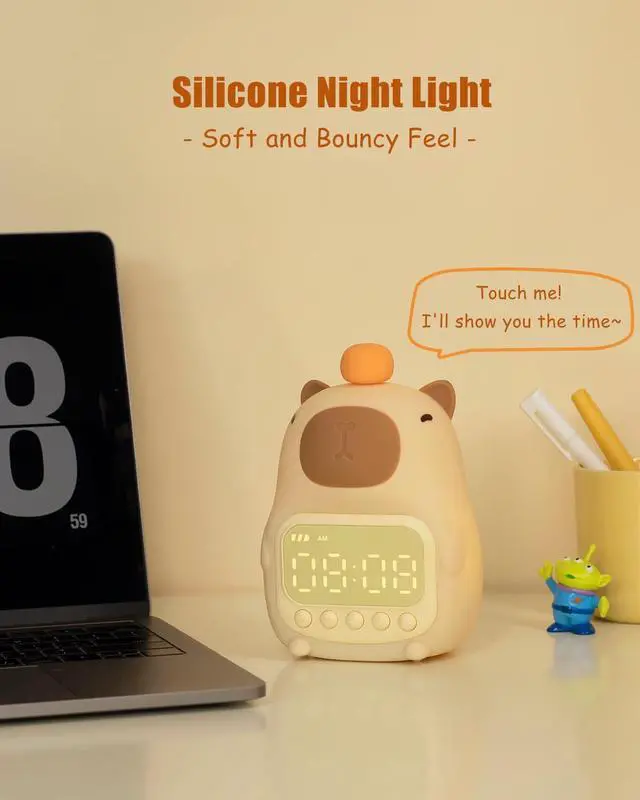 Alt view image 5 of 7 - Capybara Alarm Clock with Night Light for Kids, Cute Toddler Alarm Clocks for Bedrooms Ok to Wake Clocks for Girls and Boys, Rechargeable Silicone Animal Tabletop Lamp for Kid
