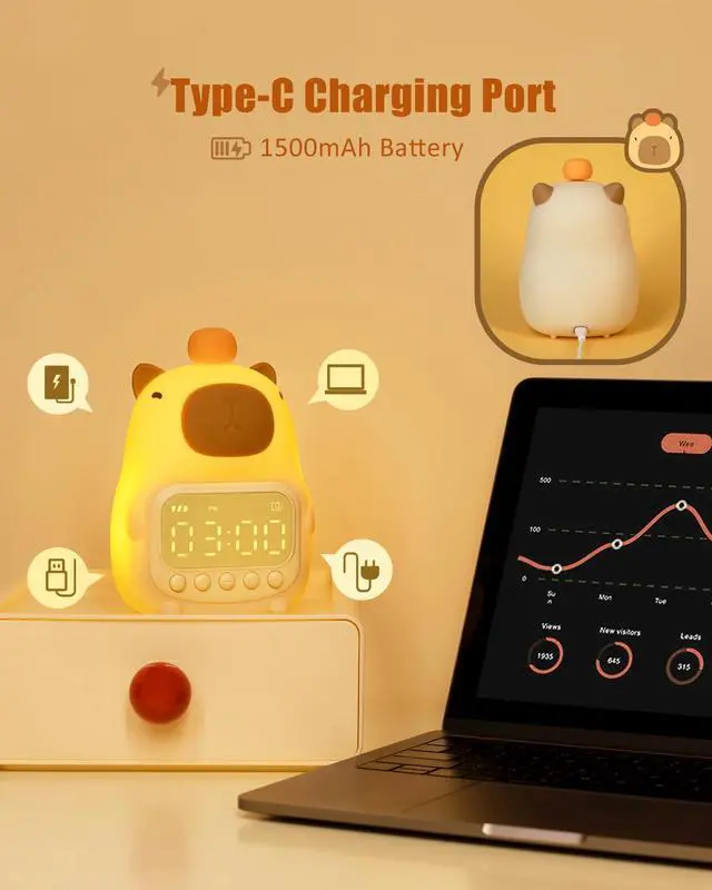 Alt view image 6 of 7 - Capybara Alarm Clock with Night Light for Kids, Cute Toddler Alarm Clocks for Bedrooms Ok to Wake Clocks for Girls and Boys, Rechargeable Silicone Animal Tabletop Lamp for Kid