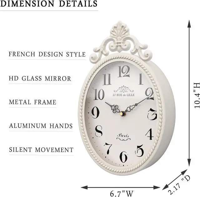 Alt view image 2 of 7 - Abdurey Small French Retro Decorative Wall Clock, Ivory White Vintage Oval Style,Silent Battery Operated Boho Decor Wall Clocks for Farmhouse,Kitchen,Bedroom,Bathroom(10.4" H x 6.7" W)