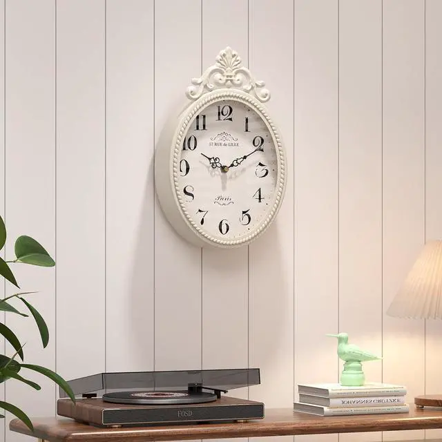 Alt view image 6 of 7 - Abdurey Small French Retro Decorative Wall Clock, Ivory White Vintage Oval Style,Silent Battery Operated Boho Decor Wall Clocks for Farmhouse,Kitchen,Bedroom,Bathroom(10.4" H x 6.7" W)