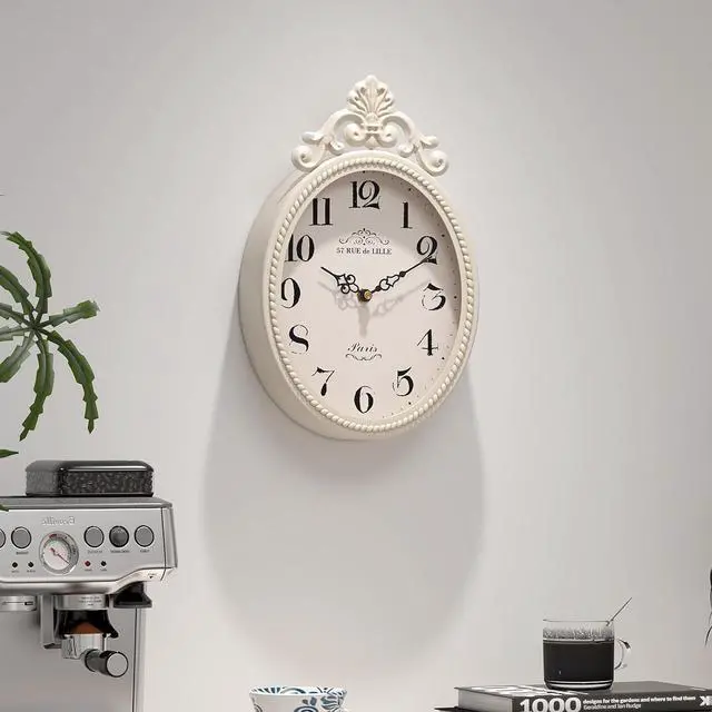 Alt view image 7 of 7 - Abdurey Small French Retro Decorative Wall Clock, Ivory White Vintage Oval Style,Silent Battery Operated Boho Decor Wall Clocks for Farmhouse,Kitchen,Bedroom,Bathroom(10.4" H x 6.7" W)