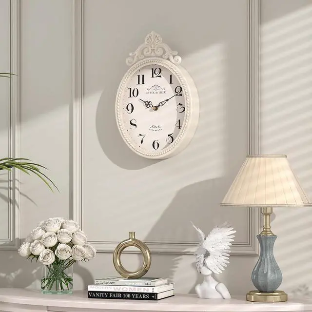 Alt view image 5 of 7 - Abdurey Small French Retro Decorative Wall Clock, Ivory White Vintage Oval Style,Silent Battery Operated Boho Decor Wall Clocks for Farmhouse,Kitchen,Bedroom,Bathroom(10.4" H x 6.7" W)