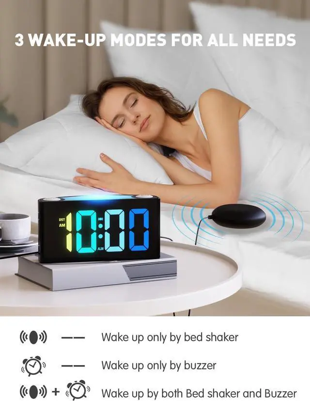 Alt view image 2 of 7 - PPLEE RGB Vibrating Alarm Clock for Bedroom-Digital Clock with Bed Shaker,Super Loud Alarm Clock for Heavy Sleeper Hearing Impaired Deaf,Large Big Numbers for Senior,USB&Type-C,Dimmable,Battery Backup