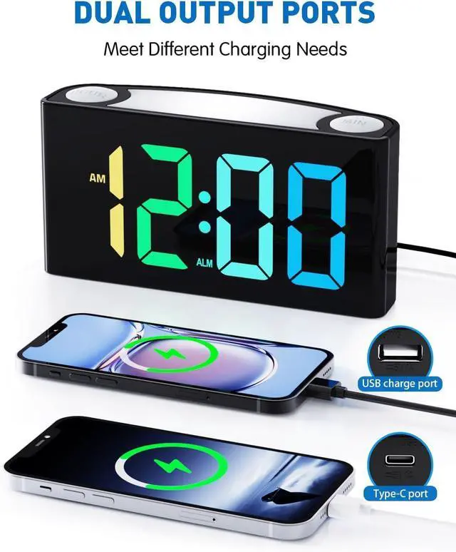 Alt view image 5 of 7 - PPLEE RGB Vibrating Alarm Clock for Bedroom-Digital Clock with Bed Shaker,Super Loud Alarm Clock for Heavy Sleeper Hearing Impaired Deaf,Large Big Numbers for Senior,USB&Type-C,Dimmable,Battery Backup