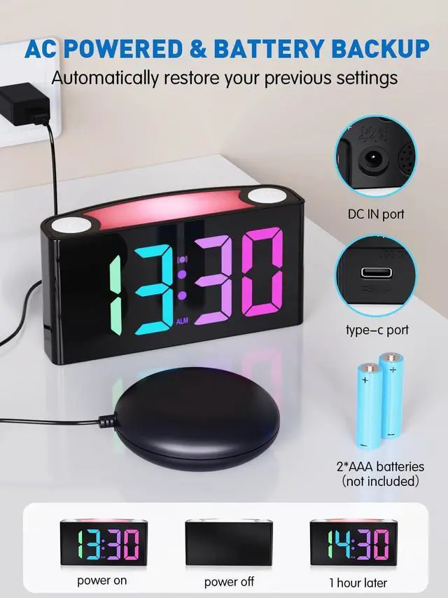 Alt view image 7 of 7 - PPLEE RGB Vibrating Alarm Clock for Bedroom-Digital Clock with Bed Shaker,Super Loud Alarm Clock for Heavy Sleeper Hearing Impaired Deaf,Large Big Numbers for Senior,USB&Type-C,Dimmable,Battery Backup