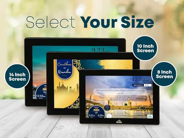 Alt view image 2 of 7 - 10" Digital Azan Clock with WiFi, Dynamic Touch Screen, Worldwide Prayer Times, Full Quran Player, Islamic Art, Streaming Halal Muslim Content: Duas, Dhikr, Hadith, Surah of The Day, Black