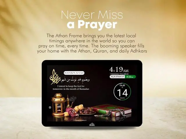 Alt view image 3 of 7 - 10" Digital Azan Clock with WiFi, Dynamic Touch Screen, Worldwide Prayer Times, Full Quran Player, Islamic Art, Streaming Halal Muslim Content: Duas, Dhikr, Hadith, Surah of The Day, Black