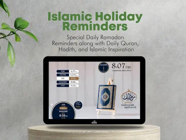 Alt view image 6 of 7 - 10" Digital Azan Clock with WiFi, Dynamic Touch Screen, Worldwide Prayer Times, Full Quran Player, Islamic Art, Streaming Halal Muslim Content: Duas, Dhikr, Hadith, Surah of The Day, Black