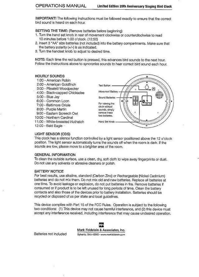 Alt view image 6 of 6 - Mark Feldstein, Limited Edition 20th Anniversary Singing Bird Clock, 13 Inch