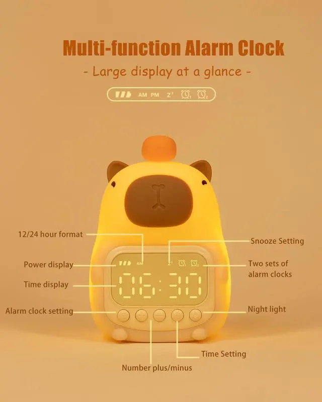 Alt view image 7 of 7 - Capybara Alarm Clock with Night Light for Kids, Cute Toddler Alarm Clocks for Bedrooms Ok to Wake Clocks for Girls and Boys, Rechargeable Silicone Animal Tabletop Lamp for Kid