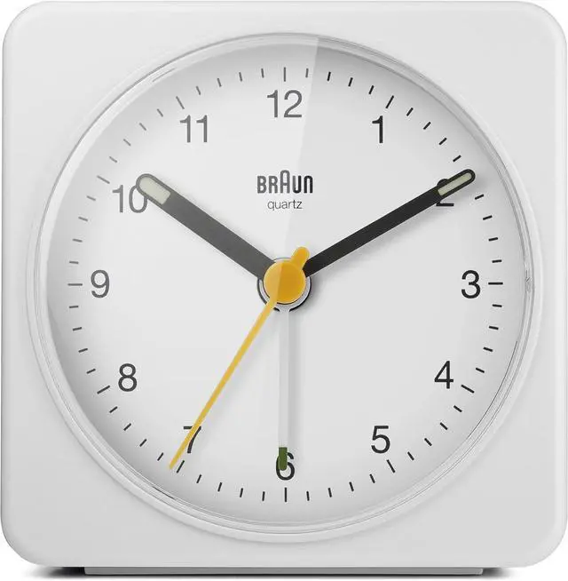 Main image of Braun Classic Analogue Alarm Clock with Snooze and Light, Quiet Quartz Sweeping Movement, Crescendo Beep Alarm in White, Model BC03W.