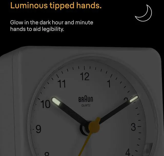 Alt view image 2 of 7 - Braun Classic Analogue Alarm Clock with Snooze and Light, Quiet Quartz Sweeping Movement, Crescendo Beep Alarm in White, Model BC03W.