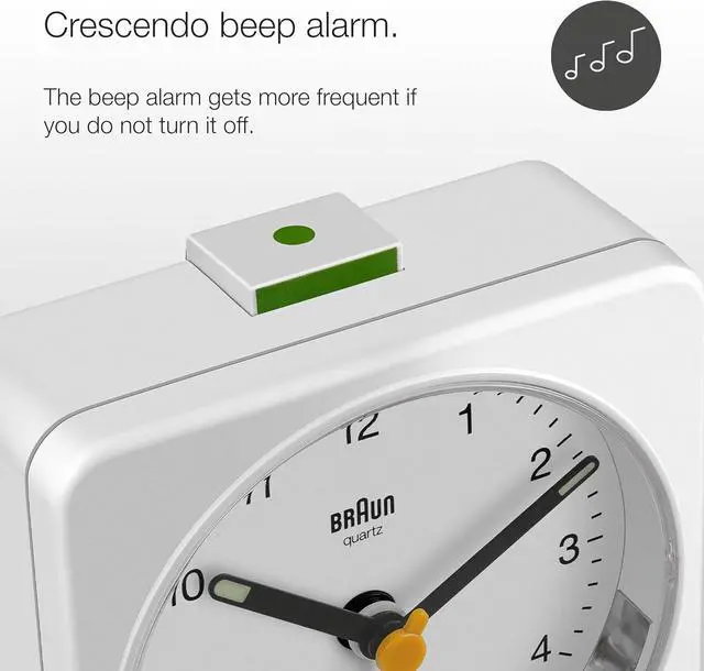 Alt view image 3 of 7 - Braun Classic Analogue Alarm Clock with Snooze and Light, Quiet Quartz Sweeping Movement, Crescendo Beep Alarm in White, Model BC03W.