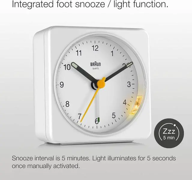 Alt view image 4 of 7 - Braun Classic Analogue Alarm Clock with Snooze and Light, Quiet Quartz Sweeping Movement, Crescendo Beep Alarm in White, Model BC03W.