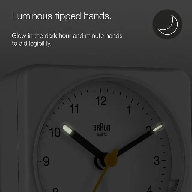 Alt view image 5 of 7 - Braun Classic Analogue Alarm Clock with Snooze and Light, Quiet Quartz Sweeping Movement, Crescendo Beep Alarm in White, Model BC03W.