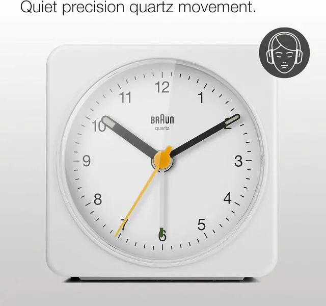 Alt view image 6 of 7 - Braun Classic Analogue Alarm Clock with Snooze and Light, Quiet Quartz Sweeping Movement, Crescendo Beep Alarm in White, Model BC03W.