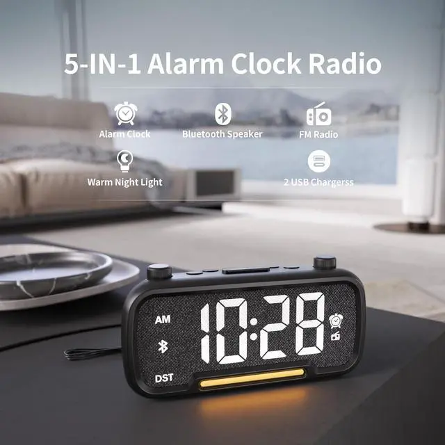 Alt view image 2 of 7 - 5-in-1 Alarm Clock Radio  FM Radio, Hi-Fi Speaker Sound, Bluetooth Speaker, Auto-Off Timer, Night Light, Dual Charging Ports  Ideal for Bedrooms, Dorms & Home Offices (Black)