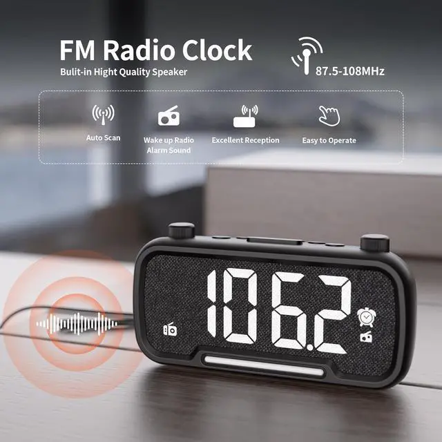 Alt view image 3 of 7 - 5-in-1 Alarm Clock Radio  FM Radio, Hi-Fi Speaker Sound, Bluetooth Speaker, Auto-Off Timer, Night Light, Dual Charging Ports  Ideal for Bedrooms, Dorms & Home Offices (Black)