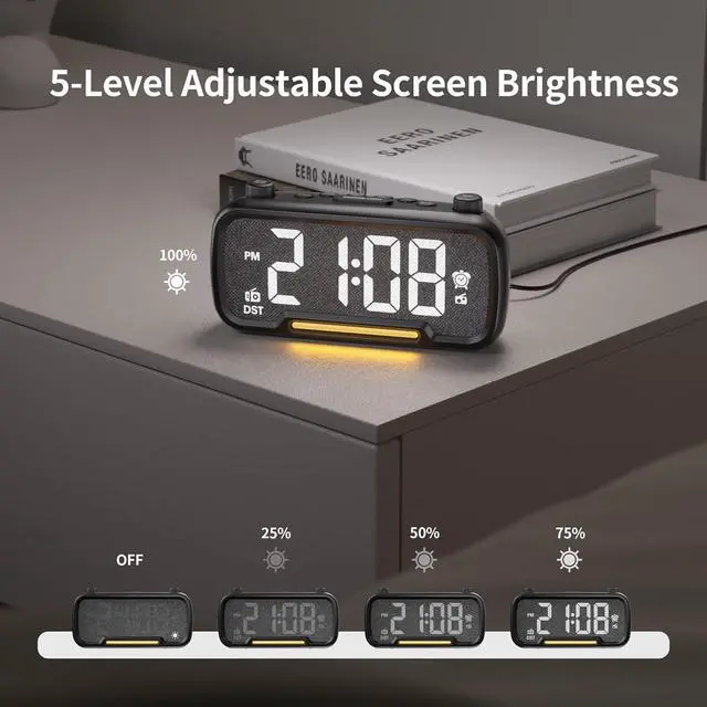 Alt view image 7 of 7 - 5-in-1 Alarm Clock Radio  FM Radio, Hi-Fi Speaker Sound, Bluetooth Speaker, Auto-Off Timer, Night Light, Dual Charging Ports  Ideal for Bedrooms, Dorms & Home Offices (Black)