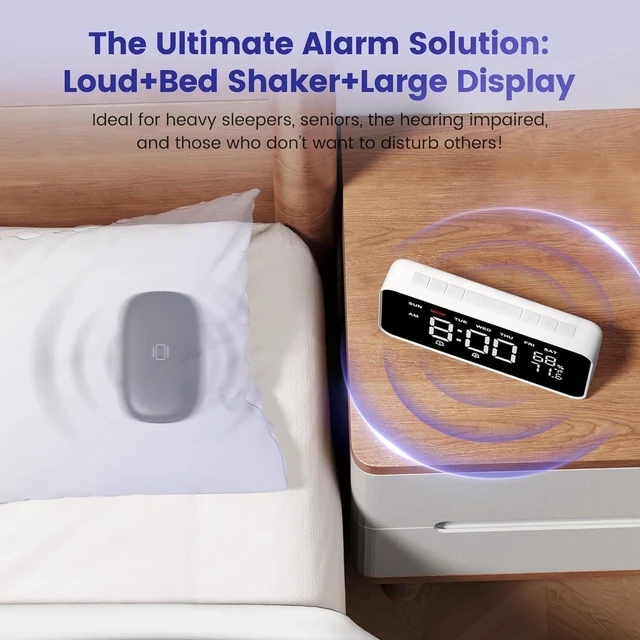 Alt view image 2 of 7 - Bed Shaker Loud Alarm Clock for Heavy Sleepers Adults, Vibrating Dual Alarm Clocks for Bedrooms, Large Display Auto Dimmer,Temperature & Humidity Detect, 7-Day Programmable, Ideal Gift
