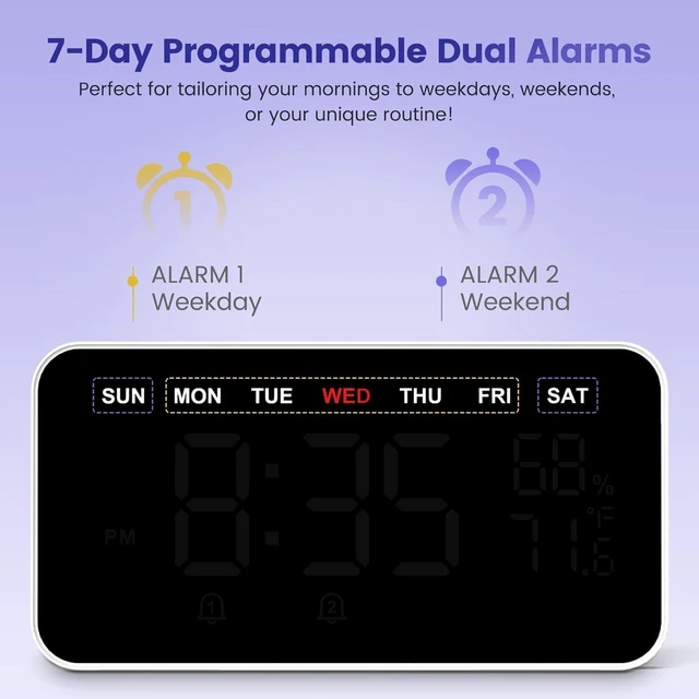 Alt view image 4 of 7 - Bed Shaker Loud Alarm Clock for Heavy Sleepers Adults, Vibrating Dual Alarm Clocks for Bedrooms, Large Display Auto Dimmer,Temperature & Humidity Detect, 7-Day Programmable, Ideal Gift
