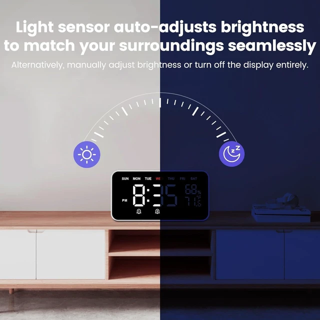 Alt view image 6 of 7 - Bed Shaker Loud Alarm Clock for Heavy Sleepers Adults, Vibrating Dual Alarm Clocks for Bedrooms, Large Display Auto Dimmer,Temperature & Humidity Detect, 7-Day Programmable, Ideal Gift