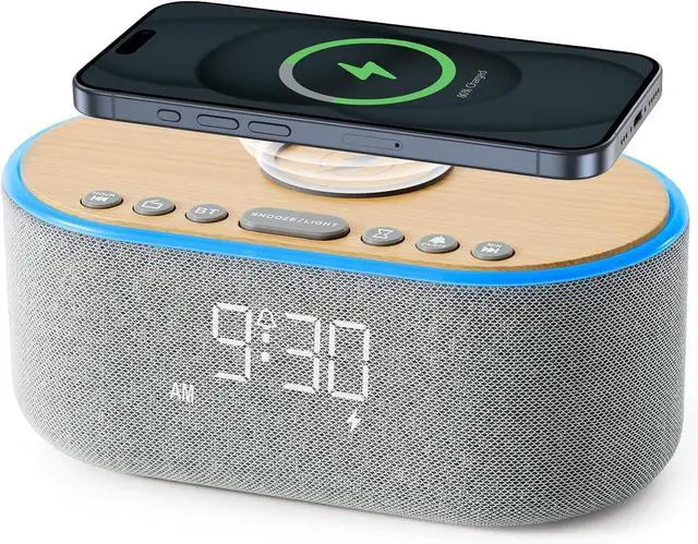 Main image of uscce Alarm Clock Bluetooth FM Radio: 10W Stereo Sound Speaker - Fast Wireless Charging for iPhone Samsung - Dimmable Clock Radio for Bedroom