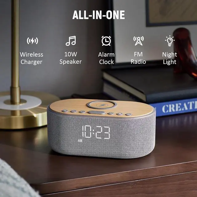 Alt view image 2 of 7 - uscce Alarm Clock Bluetooth FM Radio: 10W Stereo Sound Speaker - Fast Wireless Charging for iPhone Samsung - Dimmable Clock Radio for Bedroom