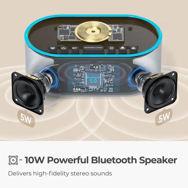 Alt view image 3 of 7 - uscce Alarm Clock Bluetooth FM Radio: 10W Stereo Sound Speaker - Fast Wireless Charging for iPhone Samsung - Dimmable Clock Radio for Bedroom