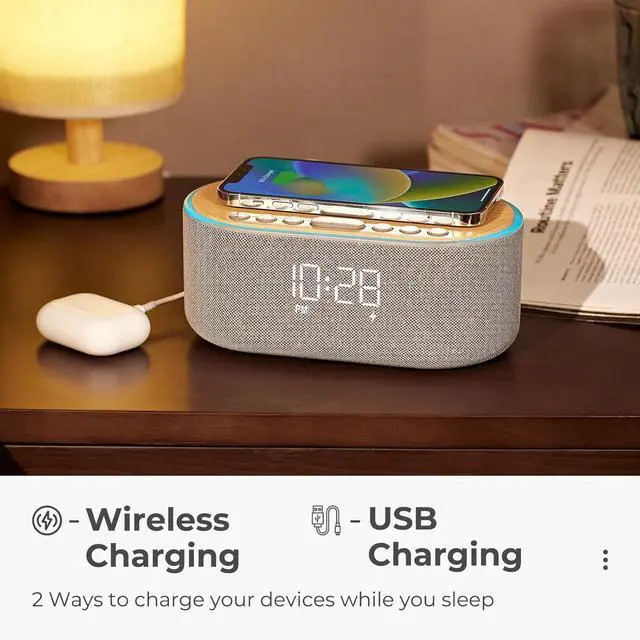 Alt view image 4 of 7 - uscce Alarm Clock Bluetooth FM Radio: 10W Stereo Sound Speaker - Fast Wireless Charging for iPhone Samsung - Dimmable Clock Radio for Bedroom
