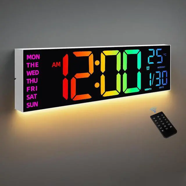 Main image of 8 Colors Digital Wall Clock, 16.2" Large Digital Clock with Temperature, Date, Auto DST, Night Light, Auto Brightness Dimmer, 24/12-hour Wall Clock for Living Room Office Classroom Gym