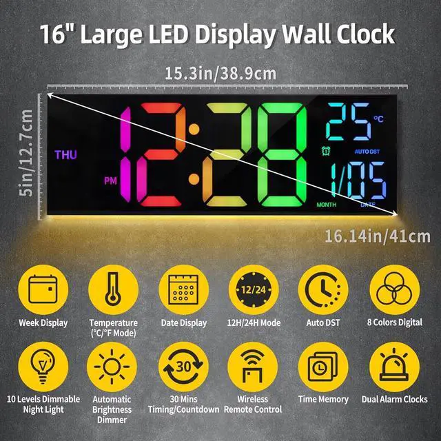 Alt view image 2 of 7 - 8 Colors Digital Wall Clock, 16.2" Large Digital Clock with Temperature, Date, Auto DST, Night Light, Auto Brightness Dimmer, 24/12-hour Wall Clock for Living Room Office Classroom Gym