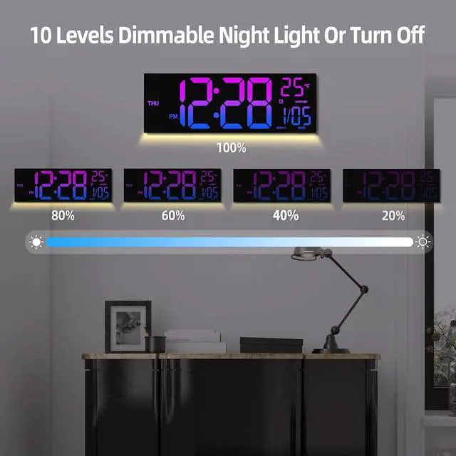 Alt view image 5 of 7 - 8 Colors Digital Wall Clock, 16.2" Large Digital Clock with Temperature, Date, Auto DST, Night Light, Auto Brightness Dimmer, 24/12-hour Wall Clock for Living Room Office Classroom Gym