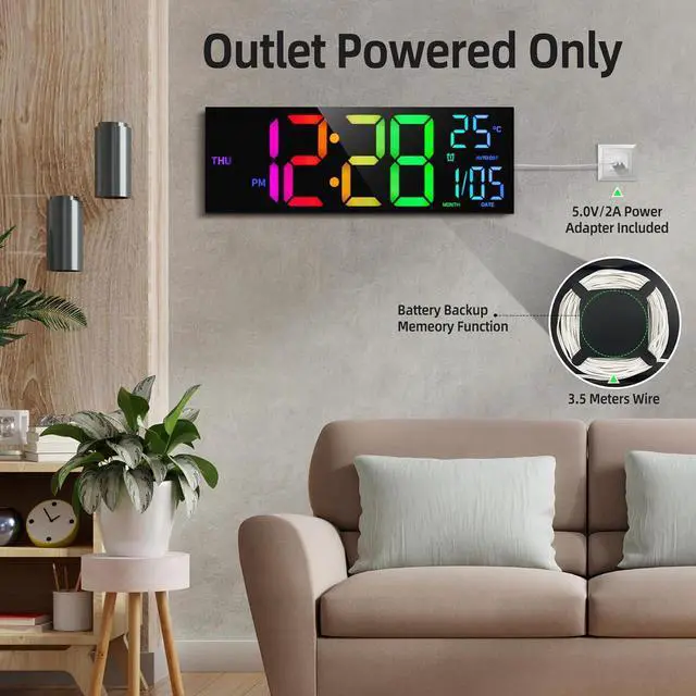 Alt view image 7 of 7 - 8 Colors Digital Wall Clock, 16.2" Large Digital Clock with Temperature, Date, Auto DST, Night Light, Auto Brightness Dimmer, 24/12-hour Wall Clock for Living Room Office Classroom Gym