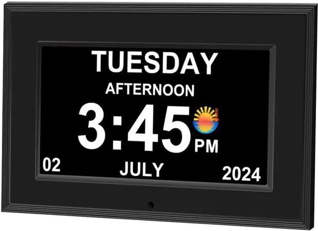 Main image of Alarm Clock with Day and Date for Elderly 7inch Digital Calendar Clock Photo Frame- Auto Dimmable Display 15 Alarm Options, Clock with Non-Abbreviated Day & Month (7inch / Black)