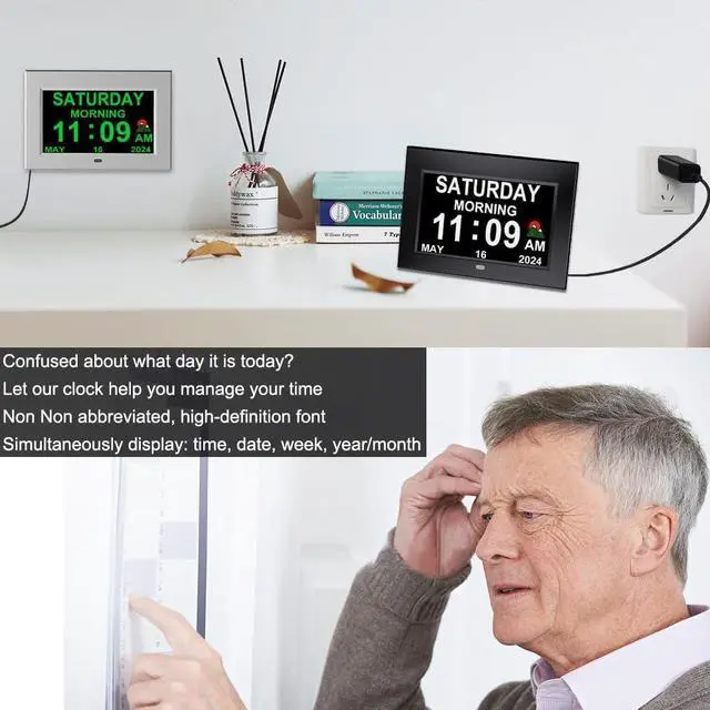 Alt view image 2 of 7 - Alarm Clock with Day and Date for Elderly 7inch Digital Calendar Clock Photo Frame- Auto Dimmable Display 15 Alarm Options, Clock with Non-Abbreviated Day & Month (7inch / Black)