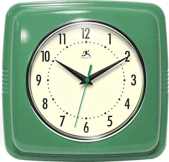 Main image of Infinity Instruments Square Silent Retro 9 inch Mid Century Modern Kitchen Diner Retro Wall Clock Quartz Sweep Movement (Green)