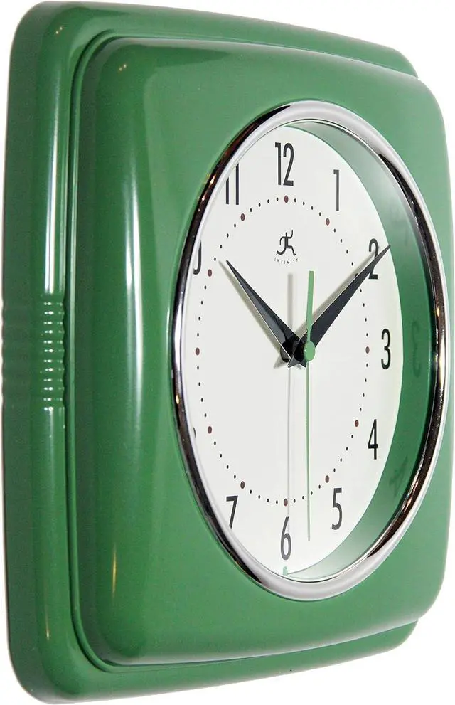 Alt view image 2 of 6 - Infinity Instruments Square Silent Retro 9 inch Mid Century Modern Kitchen Diner Retro Wall Clock Quartz Sweep Movement (Green)